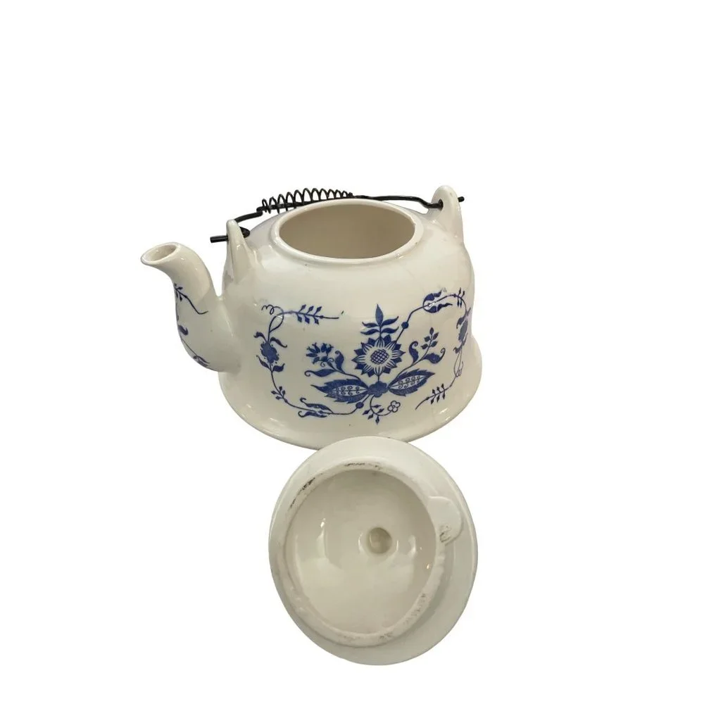 Vintage Blue and White Teapot with‎  Spiral Metal Handle
